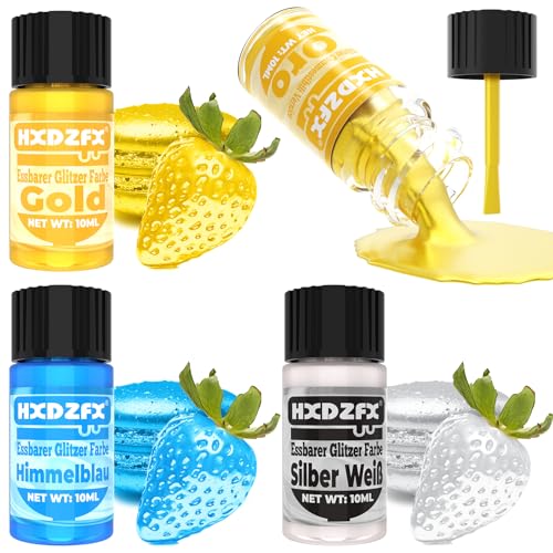 Essbarer Glitzer - 3 Torten Kuchen Deko Essbare, Metallic Lebensmittelfarbe Flüssiges, Edible Glitter für Muffin, Cocktail, Marshmallows - 10ml von HXDZFX