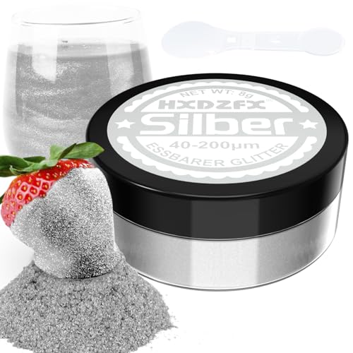 Essbarer Glitzer für Getränke - Lebensmittelfarbe Pulver, Schimmerndes Glitzerpulver, Lebensmittel Glitzerpuder für Schokolade, Kuchen, Fondant, Drinks - 8g (Silber) von HXDZFX