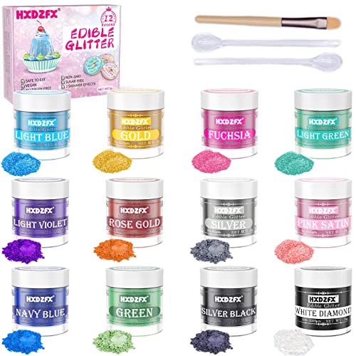 Essbares Glitzer Set - 12 Farben Glitzerpulver für Getränke, Geschmacksneutrales Lebensmittelfarbe Pulver, Glitzerpuder für Schokolade, Kuchen, Fondant, Drinks, Flüssigkeiten- 3g von HXDZFX