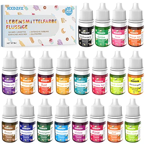 Lebensmittelfarbe – 20 Farben Hochkonzentriert Lebensmittelfarbe Flüssige zum Tortendeko, Backen, Ostereierfarbe, Macaron, Fondant, Lebensmittel Farben Set für Kochen, Airbrush, DIY Seifen - 6ml von HXDZFX