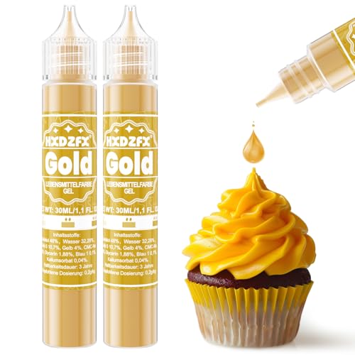 Lebensmittelfarbe Gel - HXDZFX 2×30ml Lebensmittelfarbe, Hochkonzentriertes non-Zucker Food Coloring für Tortendeko, Fondant Weiss, Macarons, Torte, Backen, Osterei, Slime (Gold) von HXDZFX
