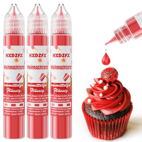 Lebensmittelfarbe - Lebensmittelfarbe Flüssig, Hochkonzentrierte Food Coloring, Flüssige Lebensmittel Farben für Backen, Tortendeko, Kekse, Macaron, Ostereier, Teig - 3 × 30ml (Weihnachtsrot) von HXDZFX