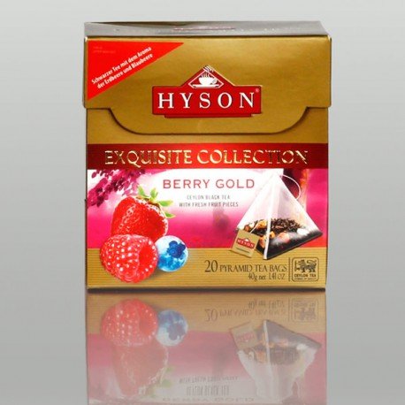Exquisiter schwarzer Früchtetee in Seidenbeuteln - Berry Gold mit Blaubeeren- und Erdbeerenstückchen von HYSON