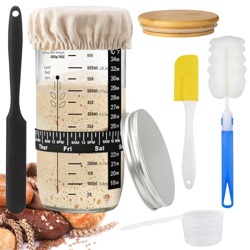HZYIQ Sauerteig Starter Set, 650ml Sauerteig Glas mit Holzdeckel, Aluminiumabdeckl, Gummiband, Thermometerpapier, Silikon-Spatel, Stoffhut, Sauerteig Gärglas und Zubehör für Brotbacken, Fermentieren HZYIQ Sauerteig Starter Set, 650ml Sauerteig Glas mit Holzdeckel, Aluminiumabdeckl, Gummiband, Thermometerpapier, Silikon-Spatel, Stoffhut, Sauerteig Gärglas und Zubehör für Brotbacken, Fermentieren von HZYIQ