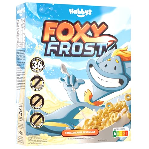 Habbys Protein Frühstückscerealien Foxy Frost Glasierte Vanille Geschmack 240g - Glutenfrei Weizenfrei Proteinreich ohne Zuckerzusatz Low Carb Low Fat Ballaststoffreich Gesunde Cereals Cornflakes von Habbys