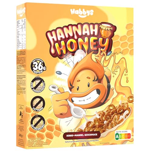 Habbys Protein Frühstückscerealien Hannah Honey Honig-Mandel Geschmack 240g - Glutenfrei Weizenfrei Proteinreich ohne Zuckerzusatz Low Carb Low Fat Ballaststoffreich Gesunde Cereals Corn-flakes von Habbys