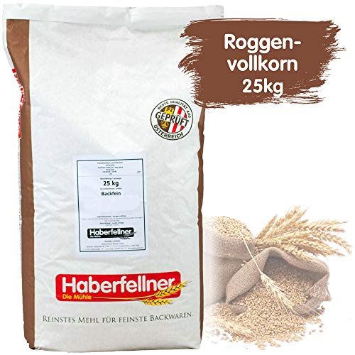 Roggenvollkornmehl 25kg von Haberfellner | 25kg Mehl Sack | Nährstoffreiches Roggenmehl geeignet als Brotmehl für Sauerteig und Mischbrot | Beste Qualität ohne Gentechnik und pestizid-kontrolliert von Haberfellner
