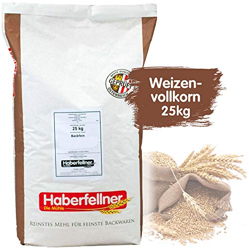 Weizenvollkornmehl 25kg von Haberfellner | 25kg Mehl Sack | Nährstoffreiches Weizenmehl geeignet als Brotmehl und für Kuchen | Hohe Qualität ohne Gentechnik und pestizid-kontrolliert von Haberfellner