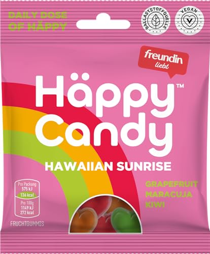 Häppy Candy Hawaiian Sunrise Grapefruit Maracuja Kiwi Veganes Balaststoffreiches Zuckerreduziertes Fruchtgummi 12 x 50g von Häppy Candy