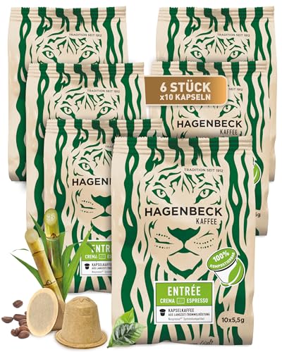 HAGENBECK ENTRÉE Crema Espresso 60 Stück | Biologisch abbaubare Kaffeekapseln | kompatibel mit Nespresso®*-Maschinen | Nachhaltig & Aluminiumfrei | 100% kompostierbare Bio-Bagasse-Kapseln von Hagenbeck Kaffee