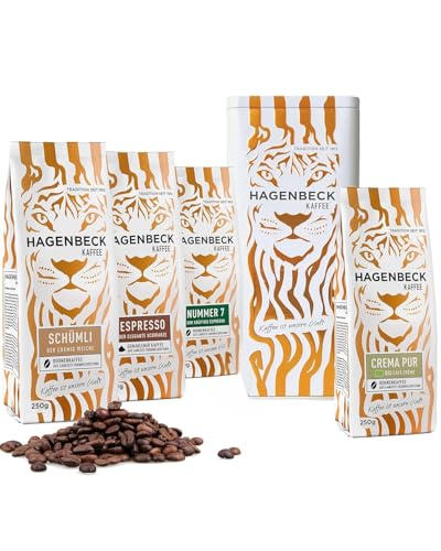 Hagenbeck Kaffee Geschenk-Set mit ganzen Kaffeebohnen aus traditioneller Röstung | Je 250g Espresso, Espresso Nr. 7, Schümli, Bio-Crema Pur & Tiger-Geschenkbox für Kaffeeliebhaber von Hagenbeck Kaffee