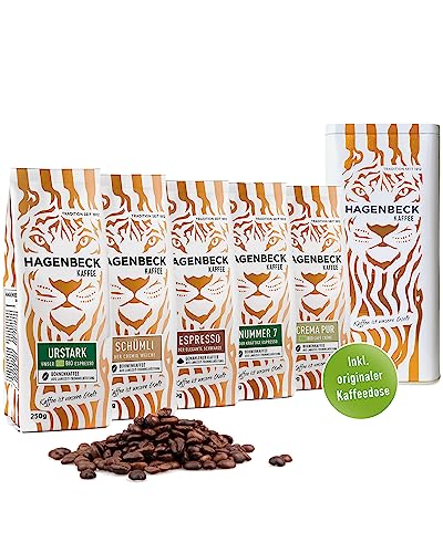 Hagenbeck Kaffee Geschenk-Set mit ganzen Kaffeebohnen aus traditioneller Röstung | Je 250g Espresso, Espresso Nr. 7, Schümli, Bio-Urstark, Bio-Crema Pur & Tiger-Geschenkbox für Kaffeeliebhaber von Hagenbeck Kaffee