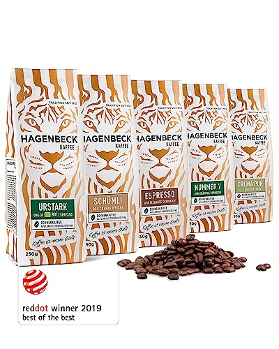 Hagenbeck Ganze, geröstete Kaffeebohnen | Probier-Set mit 5 aromatischen Kaffeesorten aus traditioneller Röstung | Je 250g Espresso, Espresso Nr. 7, Schümli, Bio-Urstark & Bio-Crema Pur von Hagenbeck Kaffee