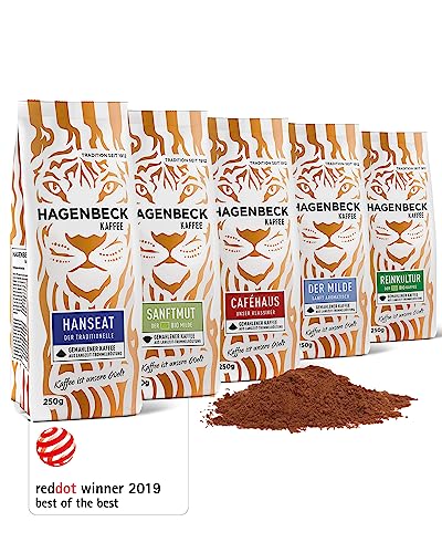 Hagenbeck Kaffee gemahlen | Probier-Set mit 5 aromatischen Filterkaffee-Sorten aus traditioneller Röstung | Je 250g Caféhaus, Hanseat, Der Milde, Bio-Reinkultur & Bio-Sanftmut von Hagenbeck Kaffee