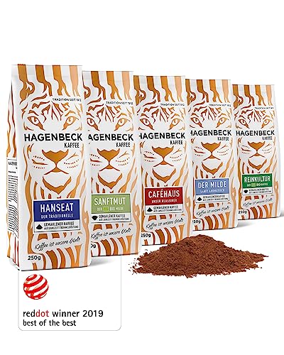 Hagenbeck Kaffee gemahlen | Probier-Set mit 5 aromatischen Filterkaffee-Sorten aus traditioneller Röstung | Je 250g Caféhaus, Hanseat, Der Milde, Bio-Reinkultur & Bio-Sanftmut Hagenbeck Kaffee gemahlen | Probier-Set mit 5 aromatischen Filterkaffee-Sorten aus traditioneller Röstung | Je 250g Caféhaus, Hanseat, Der Milde, Bio-Reinkultur & Bio-Sanftmut von Hagenbeck Kaffee