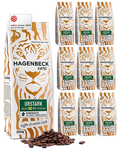 Hagenbeck Bio-Urstark 10x250g (2,5kg) | Ganze Bio-Espresso-Bohnen aus traditioneller Röstung | Satt, würziger Geschmack mit fein-nussiger Note | Bio-Kaffeebohnen stark | Ideal für Vollautomaten von Hagenbeck Kaffee