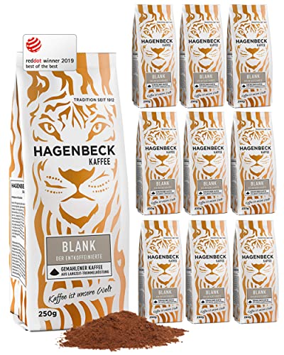 Hagenbeck Blank 10x250g (2,5kg) | Entkoffeinierter, gemahlener Kaffee mit mild-feinem Aroma | 100% schonend geröstete Arabica-Kaffeebohnen | Leichte Intensität | Gemahlen, koffeinfrei & magenschonend von Hagenbeck Kaffee