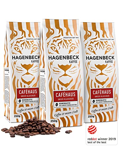 Hagenbeck Caféhaus 3x250g (750g) | Ganze Kaffee-Bohnen | Klassisch-vollkommenes Aroma | Mittelstarker Röstkaffee aus 100% Arabica-Mischung | Besonders schonend gerösteter Bohnen-Kaffee von Hagenbeck Kaffee