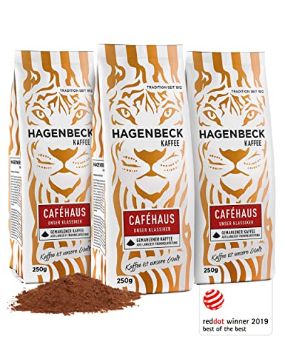 Hagenbeck Caféhaus 3x250g (750g) | Gemahlener Kaffee | Klassisch-vollkommenes Aroma | Mittelstarker Röstkaffee aus 100% Arabica-Mischung | Schonende Röstung | Kaffeebohnen gemahlen von Hagenbeck Kaffee