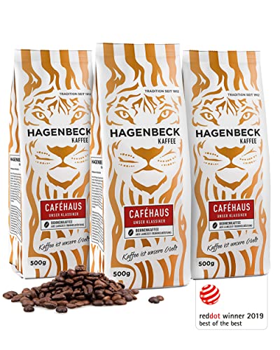 Hagenbeck Caféhaus 3x500g (1,5kg) | Ganze Kaffee-Bohnen | Klassisch-vollkommenes Aroma | Mittelstarker Röstkaffee aus 100% Arabica-Mischung | Besonders schonend gerösteter Bohnen-Kaffee von Hagenbeck Kaffee