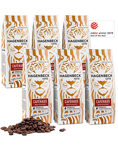 Hagenbeck Caféhaus 6x250g (1,5kg) | Ganze Kaffee-Bohnen | Klassisch-vollkommenes Aroma | Mittelstarker Röstkaffee aus 100% Arabica-Mischung | Besonders schonend gerösteter Bohnen-Kaffee von Hagenbeck Kaffee