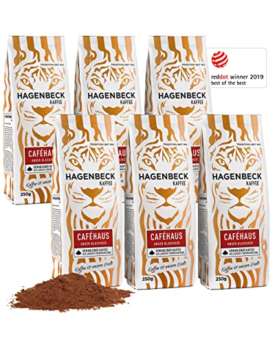 Hagenbeck Caféhaus 6x250g (1,5kg) | Gemahlener Kaffee | Klassisch-vollkommenes Aroma | Mittelstarker Röstkaffee aus 100% Arabica-Mischung | Schonende Röstung | Kaffeebohnen gemahlen von Hagenbeck Kaffee
