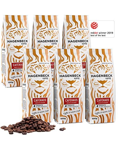 Hagenbeck Caféhaus 6x500g (3kg) | Ganze Kaffee-Bohnen | Klassisch-vollkommenes Aroma | Mittelstarker Röstkaffee aus 100% Arabica-Mischung | Besonders schonend gerösteter Bohnen-Kaffee von Hagenbeck Kaffee