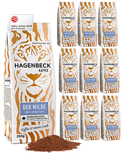 Hagenbeck Der Milde 10x250g (5kg) | Gemahlener Kaffee mit mild-feinem Charakter | 100% Arabica-Mischung aus besonders schonender Röstung | Leichte Intensität | Kaffeebohnen gemahlen mit wenig Säure von Hagenbeck Kaffee