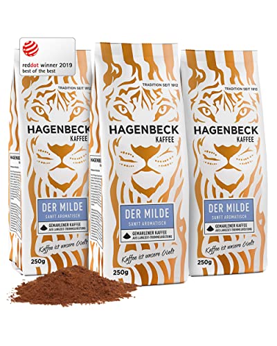Hagenbeck Der Milde 3x250g (750g) | Gemahlener Kaffee mit mild-feinem Charakter | 100% Arabica-Mischung aus besonders schonender Röstung | Leichte Intensität | Kaffeebohnen gemahlen mit wenig Säure von Hagenbeck Kaffee