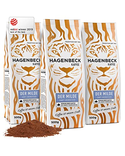 Hagenbeck Der Milde 3x500g (1,5kg) | Gemahlener Kaffee mit mild-feinem Charakter | 100% Arabica-Mischung aus besonders schonender Röstung | Leichte Intensität | Kaffeebohnen gemahlen mit wenig Säure von Hagenbeck Kaffee