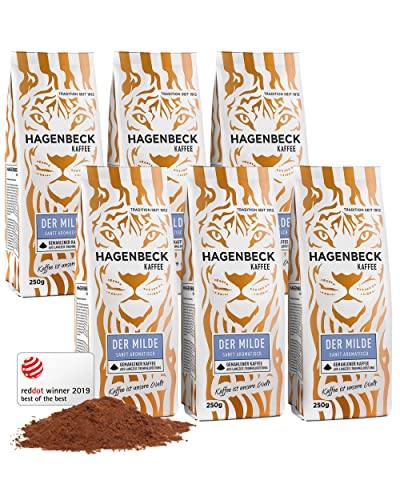 Hagenbeck Der Milde 6x250g (1,5kg) | Gemahlener Kaffee mit mild-feinem Charakter | 100% Arabica-Mischung aus besonders schonender Röstung | Leichte Intensität | Kaffeebohnen gemahlen mit wenig Säure von Hagenbeck Kaffee