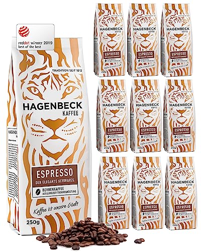 Hagenbeck Espresso 10x250g (2,5kg) | Ganze Espresso-Bohnen aus traditioneller Röstung | Kräftig-würziger Geschmack mit sanft-schokoladiger Note | Kaffeebohnen stark | Ideal für Kaffee-Vollautomaten von Hagenbeck Kaffee