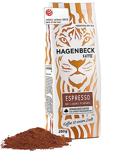 Hagenbeck Espresso 250g | Gemahlener Kaffee aus traditioneller Röstung | Kräftig-würziger Geschmack mit sanft-schokoladiger Note | Kaffeebohnen gemahlen | Ideal für Kaffee-Vollautomaten von Hagenbeck Kaffee