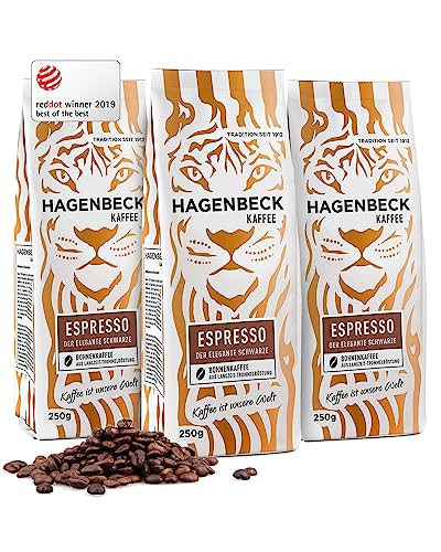 Hagenbeck Espresso 3x250g (750g) | Ganze Espresso-Bohnen aus traditioneller Röstung | Kräftig-würziger Geschmack mit sanft-schokoladiger Note | Kaffeebohnen stark | Ideal für Kaffee-Vollautomaten von Hagenbeck Kaffee