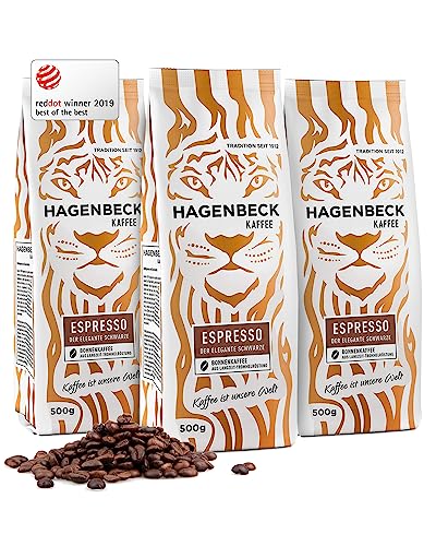 Hagenbeck Espresso 3x500g (1,5kg) | Ganze Espresso-Bohnen aus traditioneller Röstung | Kräftig-würziger Geschmack mit sanft-schokoladiger Note | Kaffeebohnen stark | Ideal für Kaffee-Vollautomaten von Hagenbeck Kaffee