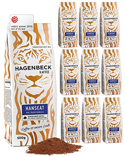 Hagenbeck Hanseat 10x500g (5kg) | Gemahlener Kaffee | Würzig-aromatischer Röstkaffee mit kräftiger Note | 100% Arabica-Mischung aus schonender Röstung | Mittelstarke Kaffeebohnen gemahlen von Hagenbeck Kaffee
