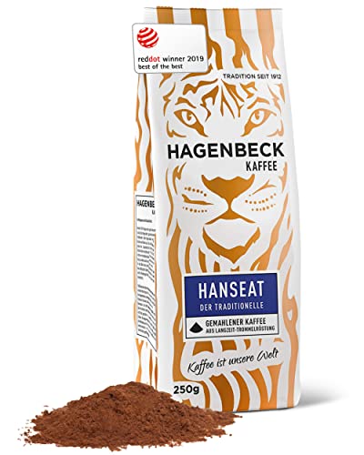 Hagenbeck Hanseat 250g | Gemahlener Kaffee | Würzig-aromatischer Röstkaffee mit kräftiger Note | 100% Arabica-Mischung aus schonender Röstung | Mittelstarke Kaffeebohnen gemahlen von Hagenbeck Kaffee