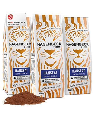 Hagenbeck Hanseat 3x250g (750g) | Gemahlener Kaffee | Würzig-aromatischer Röstkaffee mit kräftiger Note | 100% Arabica-Mischung aus schonender Röstung | Mittelstarke Kaffeebohnen gemahlen von Hagenbeck Kaffee