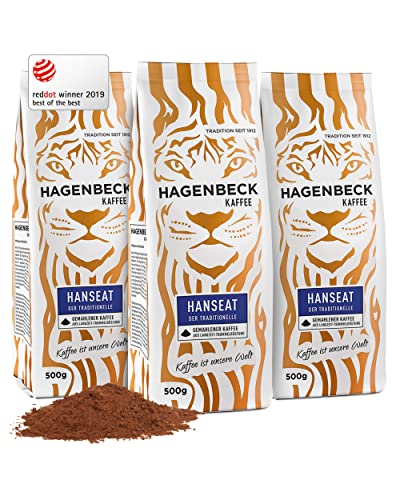 Hagenbeck Hanseat 3x500g (1,5kg) | Gemahlener Kaffee | Würzig-aromatischer Röstkaffee mit kräftiger Note | 100% Arabica-Mischung aus schonender Röstung | Mittelstarke Kaffeebohnen gemahlen von Hagenbeck Kaffee