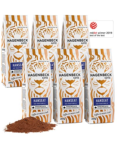 Hagenbeck Hanseat 6x250g (1,5kg) | Gemahlener Kaffee | Würzig-aromatischer Röstkaffee mit kräftiger Note | 100% Arabica-Mischung aus schonender Röstung | Mittelstarke Kaffeebohnen gemahlen von Hagenbeck Kaffee