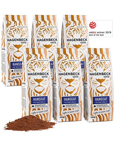 Hagenbeck Hanseat 6x250g (1,5kg) | Gemahlener Kaffee | Würzig-aromatischer Röstkaffee mit kräftiger Note | 100% Arabica-Mischung aus schonender Röstung | Mittelstarke Kaffeebohnen gemahlen von Hagenbeck Kaffee