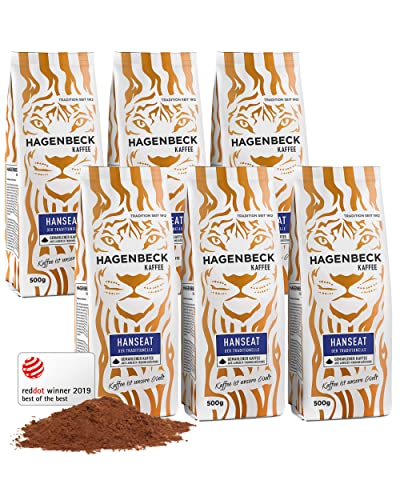 Hagenbeck Hanseat 6x500g (3kg) | Gemahlener Kaffee | Würzig-aromatischer Röstkaffee mit kräftiger Note | 100% Arabica-Mischung aus schonender Röstung | Mittelstarke Kaffeebohnen gemahlen von Hagenbeck Kaffee