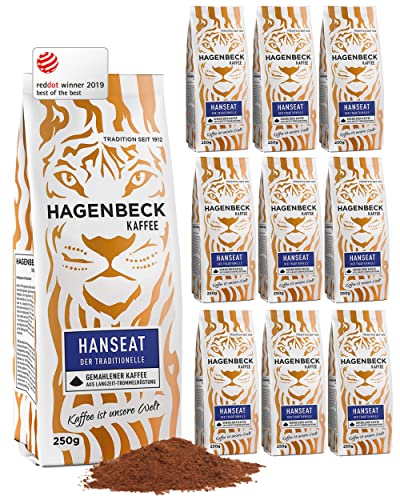 Hagenbeck Hanseat 10x250g (2,5kg) | Gemahlener Kaffee | Würzig-aromatischer Röstkaffee mit kräftiger Note | 100% Arabica-Mischung aus schonender Röstung | Mittelstarke Kaffeebohnen gemahlen von Hagenbeck Kaffee