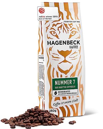 Hagenbeck Nummer 7 250g | Ganze Espresso-Bohnen aus traditioneller Röstung | Kräftig-würziger Geschmack mit schokoladig-nussiger Note | Kaffeebohnen stark | Ideal für Kaffee-Vollautomaten von Hagenbeck Kaffee