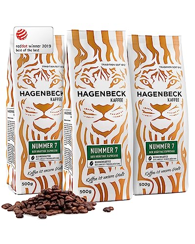 Hagenbeck Nummer 7 3x500g (1,5kg) | Ganze Espresso-Bohnen aus traditioneller Röstung | Kräftig-würziger Geschmack mit schokoladig-nussiger Note | Kaffeebohnen stark | Ideal für Kaffee-Vollautomaten von Hagenbeck Kaffee