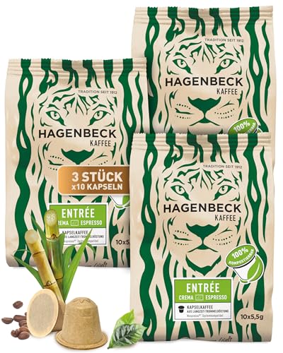 HAGENBECK ENTRÉE Crema Espresso 30 Stück | Biologisch abbaubare Kaffeekapseln | kompatibel mit Nespresso®*-Maschinen | Nachhaltig & Aluminiumfrei | 100% kompostierbare Bio-Bagasse-Kapseln von Hagenbeck Kaffee