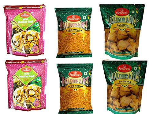 Haldiram's leckere indische Packung mit 6 authentischen Snacks- 2x Aloo Bhujia, 2x Mini Samosa, 2x Mini Bhakarbadi 1200g von Haldiram's