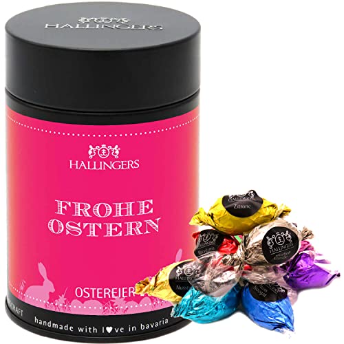 Hallingers Frohe Ostern - pink - Ostergeschenke für Osterkörbchen zu Ostern, Pralinen Ostereier handmade ohne Alkohol (Dose) - Muttertagsgeschenk & Geschenkideen zum Vatertag | Glückwunsch Glückwünsch von Hallingers Genuss Manufaktur