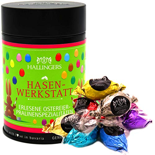 Hallingers Osterhasen Werkstatt - Ostergeschenke für Osterkörbchen zu Ostern, Pralinen Ostereier handmade ohne Alkohol (Dose) - Muttertagsgeschenk & Geschenkideen zum Vatertag | Glückwunsch Glückwünsc von Hallingers Genuss Manufaktur