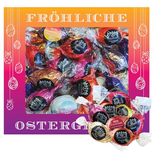 Hallingers Fröhliche Ostergrüße XL - Ostergeschenke für Osterkörbchen zu Ostern, Pralinen Ostereier handmade teils mit Alkohol (Box) - Muttertagsgeschenk & Geschenkideen zum Vatertag | Glückwunsch Glü von Hallingers Genuss Manufaktur